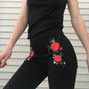 Rose embroidered black pants